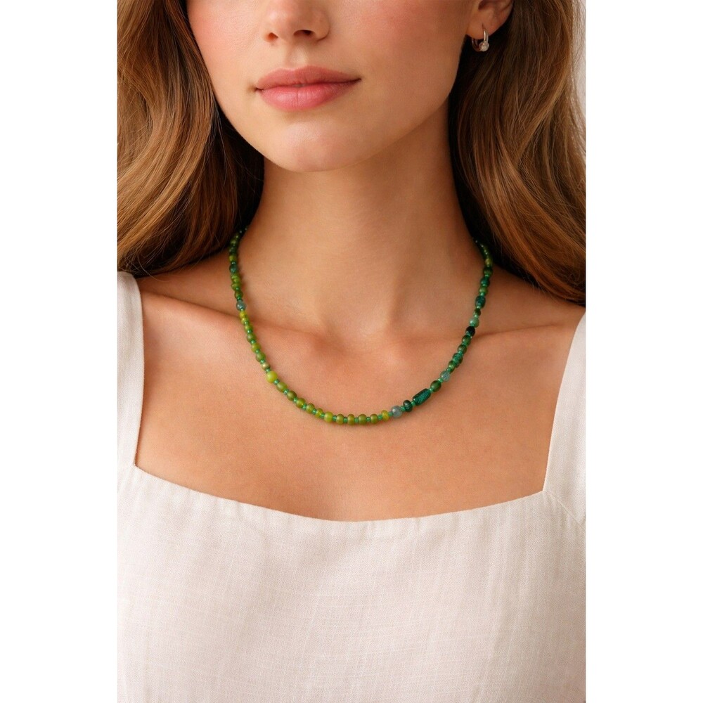 Green Glass Beaded Necklace 20” Length Boho Multi Tone Multi Shape